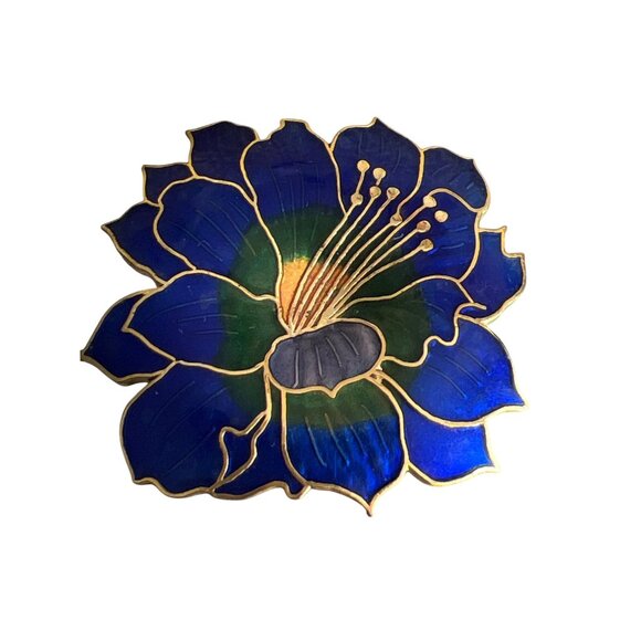 Vtg Gold Tone Enamel Cloisonne Flower Brooch Earrings Blue Green Floral Estate - Picture 2 of 8